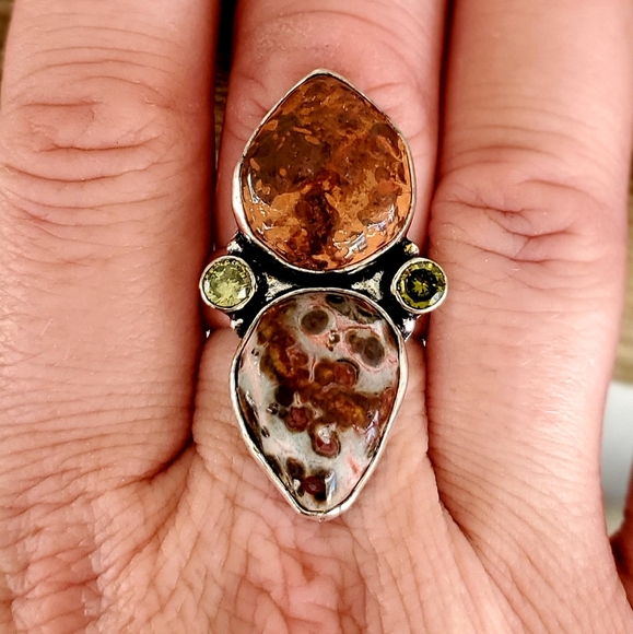 New Leopard Skin Jasper, Fossil Coral, Citrine 925 Silver Statement Ring. - Picture 1 of 8